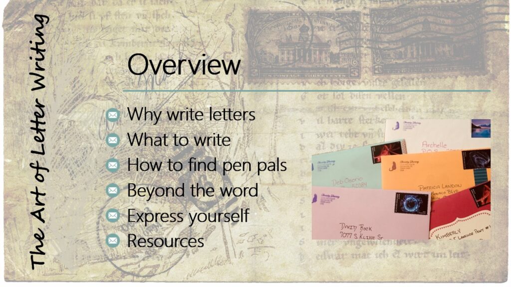 Overview of Topics - Why write letters | What to write | How to find pen pals | Beyond the word | express yourself | Resources