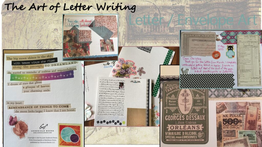 Letter / Envelope Art - images of hand decorated cards, and a poem made of phrase stickers on the back of a mass-market card.