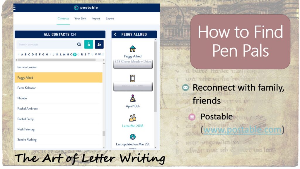 How to Find Pen Pals: Reconnect with family, friends - Postable (screenshot of Postable Address Book.