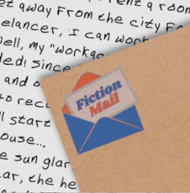 Photo of a letter with envelope on top with Fiction Mail logo on top left corner